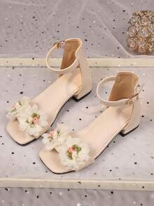 1 Pair Pink Girls' High Heel Sandals, Soft Comfortable Matte + Colorful Mesh Peony Flower Decor, Round Toe Peep Toe 3CM Horseshoe Heel Height Increase Flat Anti-Slip, Metal Buckle Design, Fashion Bohemian Minimalist Princess Ball Wedge Sandals, Suitable For Daily, Vacation, Holiday, Party, Campus, Outdoor Wear, Spring/Summer New Style - Beige - View 2