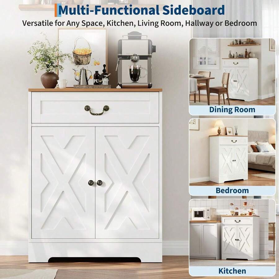 Aparador bufé de granja moderno de 29 pulgadas con cajón y estantes ajustables | Mueble de almacenamiento pequeño para cocina, comedor y cafetería | Acabado en blanco y nogal - Blanco - Ver 1