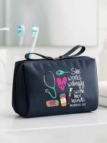 Nurse Theme Portable Pill Bag, Printed With Stethoscope, Heart, Syringe, Thermometer Patterns, Printed With "She Works Diligently With Her Hands", Compact Pill Storage Box And First Aid Kit, Multi-Functional Pill Bag, Portable Medical First Aid Kit - Multicolor - View 3