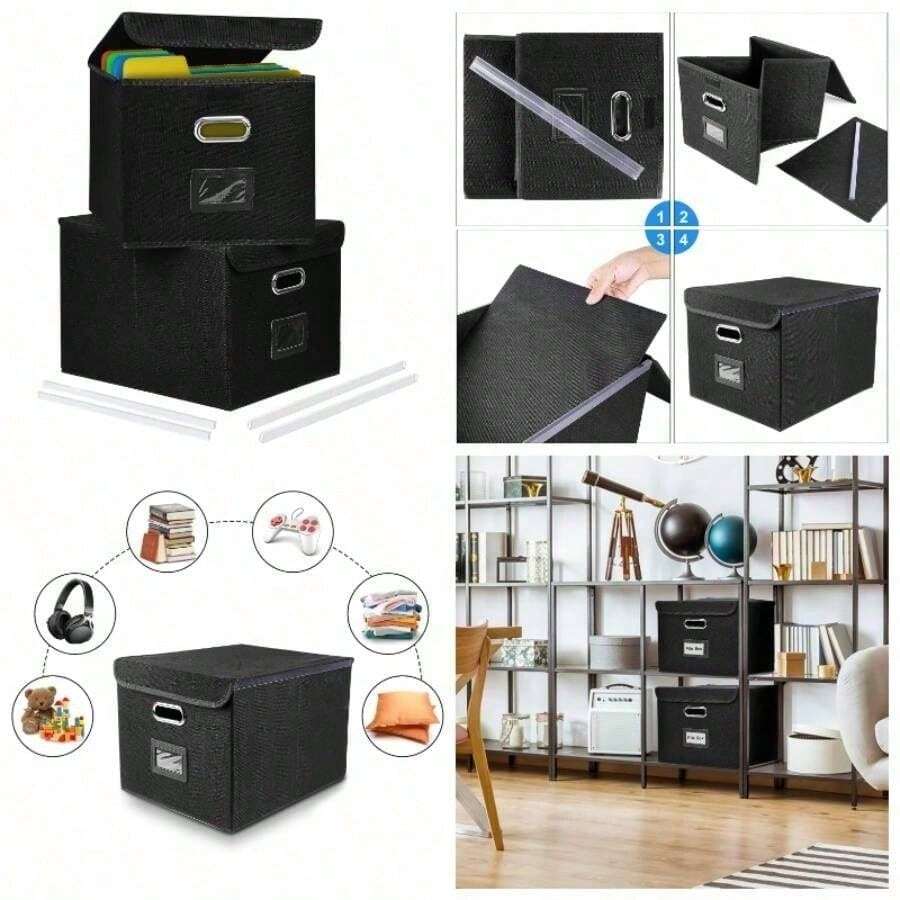 Portable File Organizer Box With Lids, Collapsible Linen Hanging Filing Storage Boxes With Plastic Slide, Decorative Home/Office Filling System File And Folders Storage BK, 2p, L - 2P + Black - View 1