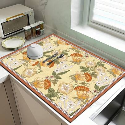 1pc Floral Pattern Absorbent Dish Drying Mat, Home Decor, Suitable For Espresso Machine, Sink, Faucet, Bathroom, Kitchen Accessories