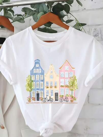 Amsterdam House Pastel House Tourism Art Print Fashion Casual Short Sleeve T-Shirt, Summer Wear Regular Fit, Round Neck Women's Affordable Tee Comfortable Women's Clothing