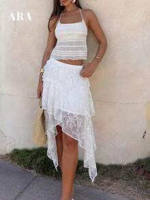 ARA CHIC Women's White Lace Asymmetric Ruffle Hem Skirt, Elegant Bohemian Style, Spring/Summer New Arrival - White - View 5