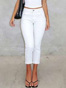 Light Wash Distressed 3/4 Skinny Jeans For Women, Stretchy Pencil Pants For Casual, Commute Summer - 白色 - 查看 4
