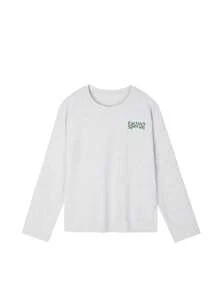 Women's Petite Hamburger & English Letter Print Long Sleeve T-Shirt, Round Neck, Versatile, Autumn/Winter Casual Spring Summer - Light Gray - View 5