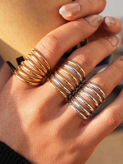 3pcs/1pc Chunky Vintage Lines Women's Gold Stainless Steel Ring, Minimalist Style Jewelry Accessories, Suitable For Daily Wear, Holiday Gifts