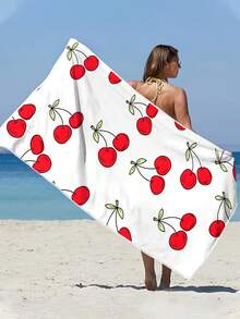 [250gsm Ultra-Soft Quick-Dry] 70*140cm/90*180cm Cherry Fruit Pattern Printed Microfiber Beach Towel, High Absorbency Portable Swim Towel, Bathroom Decor, Suitable For Summer Beach, Swimming, Travel, Camping, Fitness - Cherry - View 6
