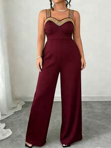 Plus Size Elegant Jumpsuit With Spaghetti Straps, Gold Beaded Trim On Straps And Bust, With Pockets, Wide Leg Pants Style, Suitable For Parties And Banquets Summer - Burgundy - View 4
