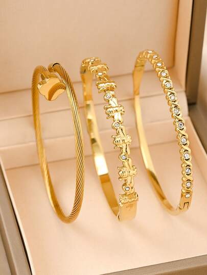 3pcs/Set 18K Gold Stainless Steel Women's Bracelet, French Retro Niche Design Delicate Versatile Jewelry, Suitable For Gifting, Vacation, Commuting