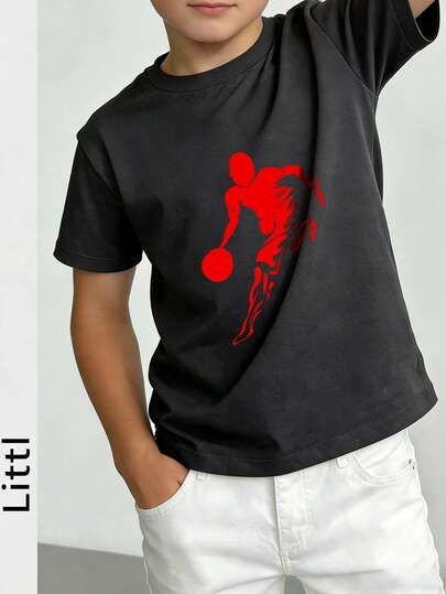 Áo thun oversized in hình cầu thủ bóng rổ cho bé trai, thiết kế bóng rổ đỏ, tay ngắn, cổ tròn, kiểu dáng thường ngày, áo thun mùa hè phong cách đường phố cho trẻ em và thiếu niên.