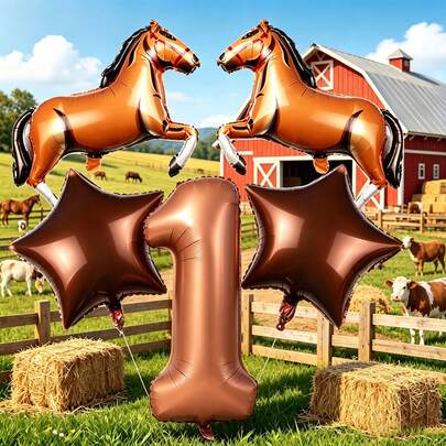 Set de 7 globos de lámina con temática de granja de caballos, incluye globos con números del 0 al 9 seleccionables en marrón cobrizo, globos con forma de caballo al galope y globos con forma de estrella en marrón. Material de lámina gruesa de alta calidad, diseño de rancho occidental, color de contraste marrón retro, forma esculpida en 3D con textura detallada de músculo de caballo y brillo metálico, adecuado para declaración de amor en el Día de San Valentín, aniversario de pareja