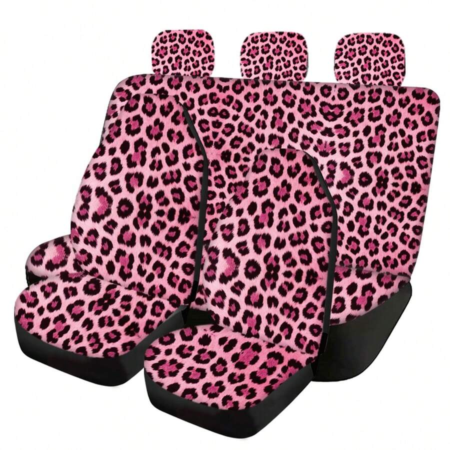 5pcs Leopard Print Car Seat Covers, Classic All-Over Pattern, Ice Silk Fabric, Breathable & Comfortable, Suitable For Summer, Car Interior Decor & Protection, Pink Leopard - Multicolor - View 1