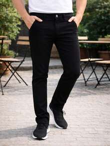 Men's Tailored Twill Trousers With Cotton And Elastane, Assorted Colors - Black - View 16
