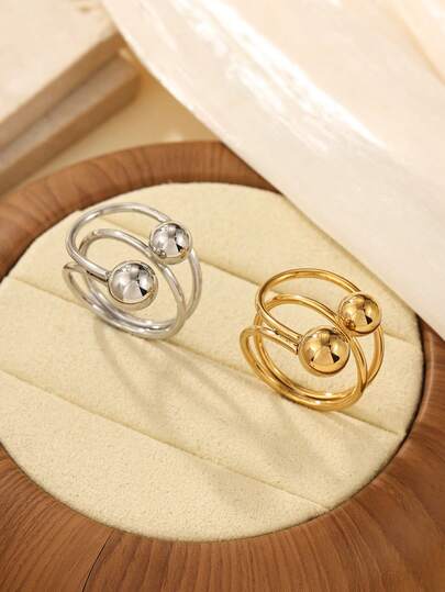 2pcs Stainless Steel Fashion Minimalist Gold & Silver Color Ring Set, Suitable For Women's Daily Wear Or Gift