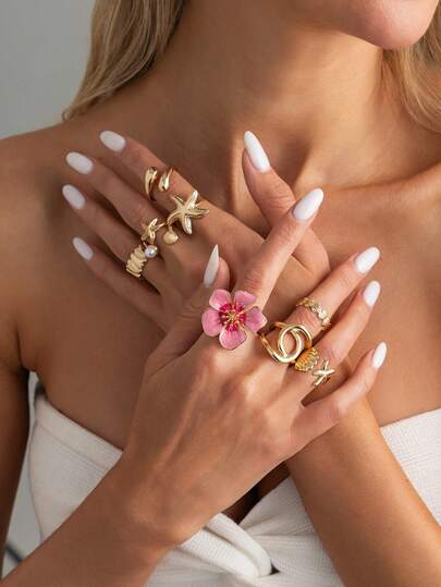 Set de 8 piezas de anillos apilados vintage con geometría exagerada, perlas falsas, metal y diseños de flor, estrella de mar, concha y gota de agua, elegantes y lujosos, para boda, fiesta, vacaciones, uso casual, fotografía callejera, regalo para mujeres y parejas