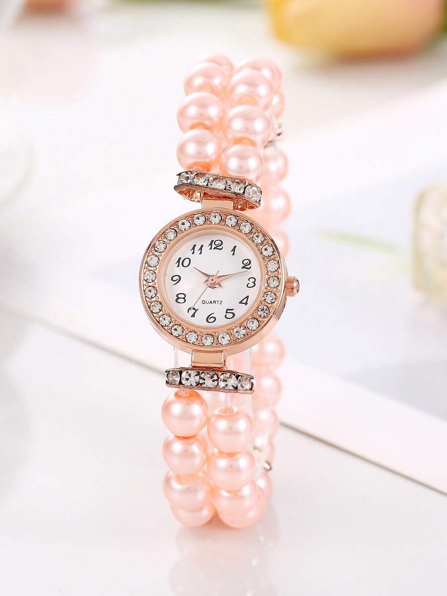 New Pearl Beaded Bracelet Watch, Minimalist Casual Versatile Wrist Watch For Girl And Girl Students - Red - View 1