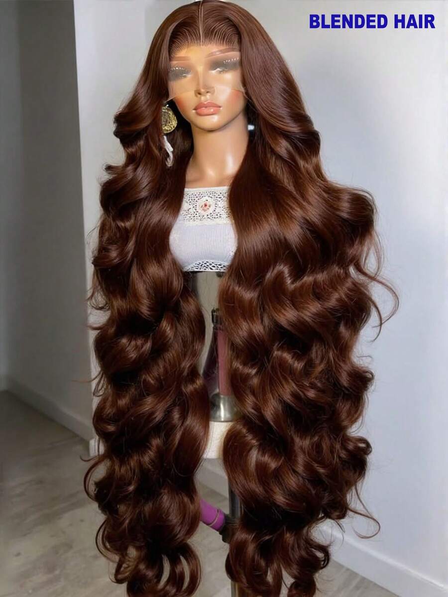 13x4 34 Inch Natural Glueless Human Hair Lace Front Wig, Mixed Hair 5*5 7*5 Lace Closure Wig, Women Long Body Wave Lace Front Wig, Mixed Hair Wig, Glueless Lace Closure Wig, #4 Brown Color, Suitable For Halloween, Christmas Party And Various Occasions, Ideal Gift For Women - Brown - View 1
