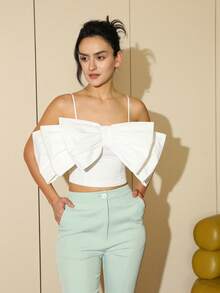 Solid Color Bow Decor Fitted Cropped Camisole, Summer Casual White - White - View 4
