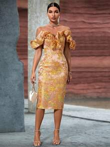 Women's Elegant Jacquard Off Shoulder Fitted Party Dress Wedding Spring - Gold - View 3