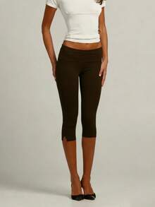 Women's Side Slit Fold Over Capri Leggings Y2K Low Rise Flared Pants Stretch Lounge Yoga Athletic Cropped Pants Bell Bottoms - 棕色 - 查看 5