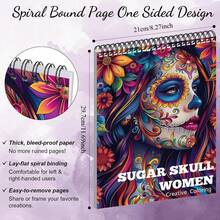 女性涂色书，专为成年女性放松而设计，螺旋装订，单面印刷，成人涂色书，24页涂色书，艺术与手工，糖骷髅礼物，适合成年女性，24页升级加厚A4纸，精美单面设计，易于使用，是放松和情感表达的完美之选。 - 24頁A4填色本 - 查看 2