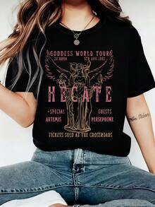 Vintage-Inspired Hecate Goddess Thement Graphic Print T-Shirt - Soft Polyester Knite Fabric Short Sleeve Crew Neck Top -Perfect For Women Spring & Summer Casual Casual Attirevacation Outfits Women Q7XS - màu đen - Xem 1