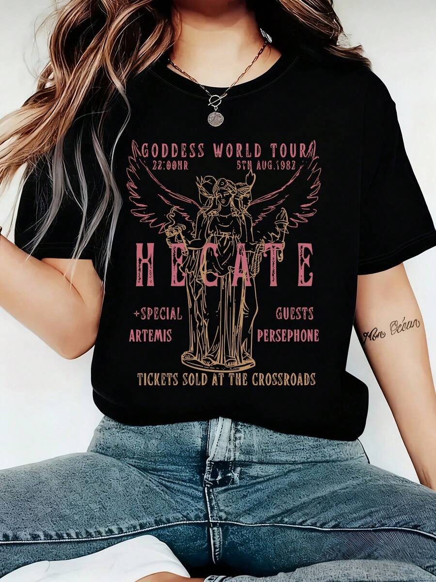 Vintage-Inspired Hecate Goddess Thement Graphic Print T-Shirt - Soft Polyester Knite Fabric Short Sleeve Crew Neck Top -Perfect For Women Spring & Summer Casual Casual Attirevacation Outfits Women Q7XS - màu đen - Xem 1