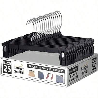 25-Pack  Black Heavy Duty Plastic Pants And Skirt Hem Hangers With Plastic Extra Long Clips And Polished Metal Swivel Hooks, 12 Inch,