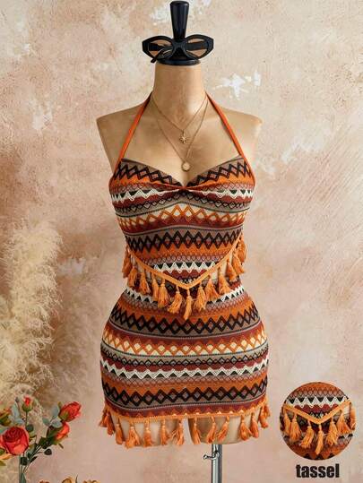 Conjunto de 2 piezas para vacaciones de mujer, de punto texturizado a rayas multicolor, conjunto de dos piezas con escote halter asimétrico con flecos, para festival de música, uso diario en verano