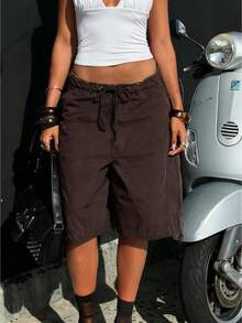 Womens Denim Cargo Shorts Summer Fashionable Drawstring Loose Knee Length Jean Shorts With Pocket - 巧克力棕 - 查看 1