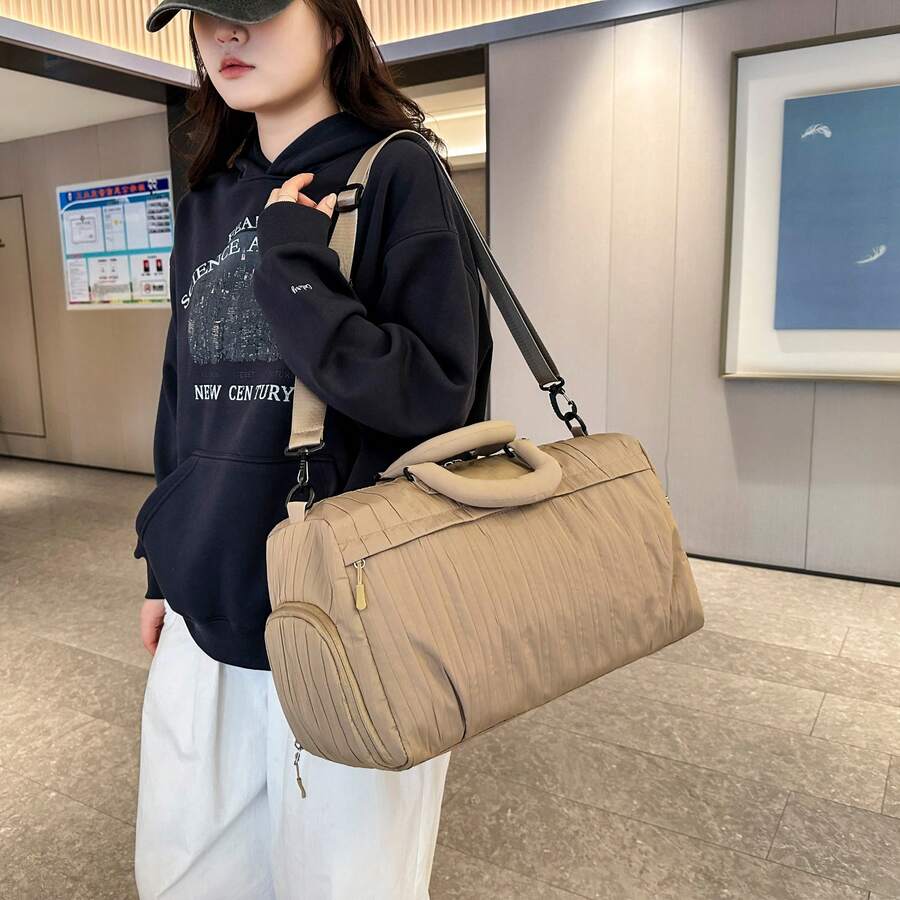 2026新款褶皱纹理健身包，女士旅行包，带独立鞋仓，跨境流行干湿分离行李袋，高端粉色大容量手提包 - 彩色 - 查看 1