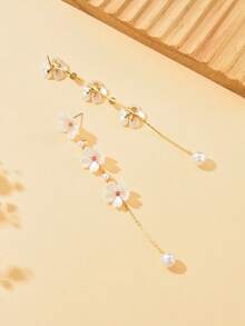 1 pieza Nuevos pendientes largos, elegantes y versátiles de verano con diseño floral y flecos - Amarillo Oro - Ver 3
