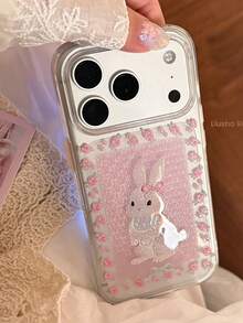 Soft & Cute Rabbit Design Transparent Glitter Floral 17 Phone Case, Compatible With Iphone 16 Pro, 13, 15 - Pink - View 2