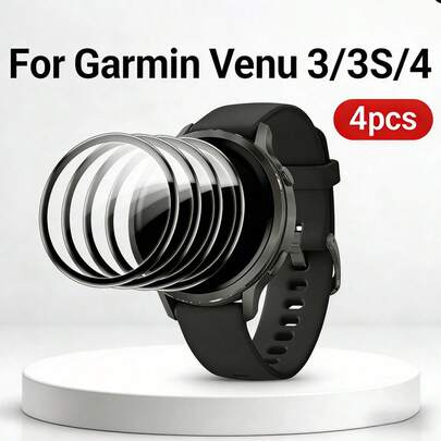 4片装手表屏幕保护膜，采用PMMA材质，适用于Venu 3/3S/4。| 2H硬度，高清透明，防刮花，防指纹，无气泡