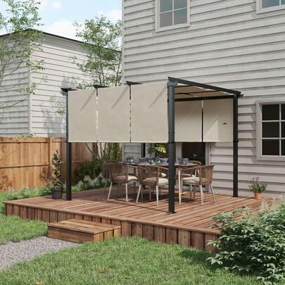 Outsunny 10' X 10' Retractable Pergola Canopy, Metal Pergola Outdoor Sun Shade Shelter For Garden, Patio, Backyard, Deck, Beige