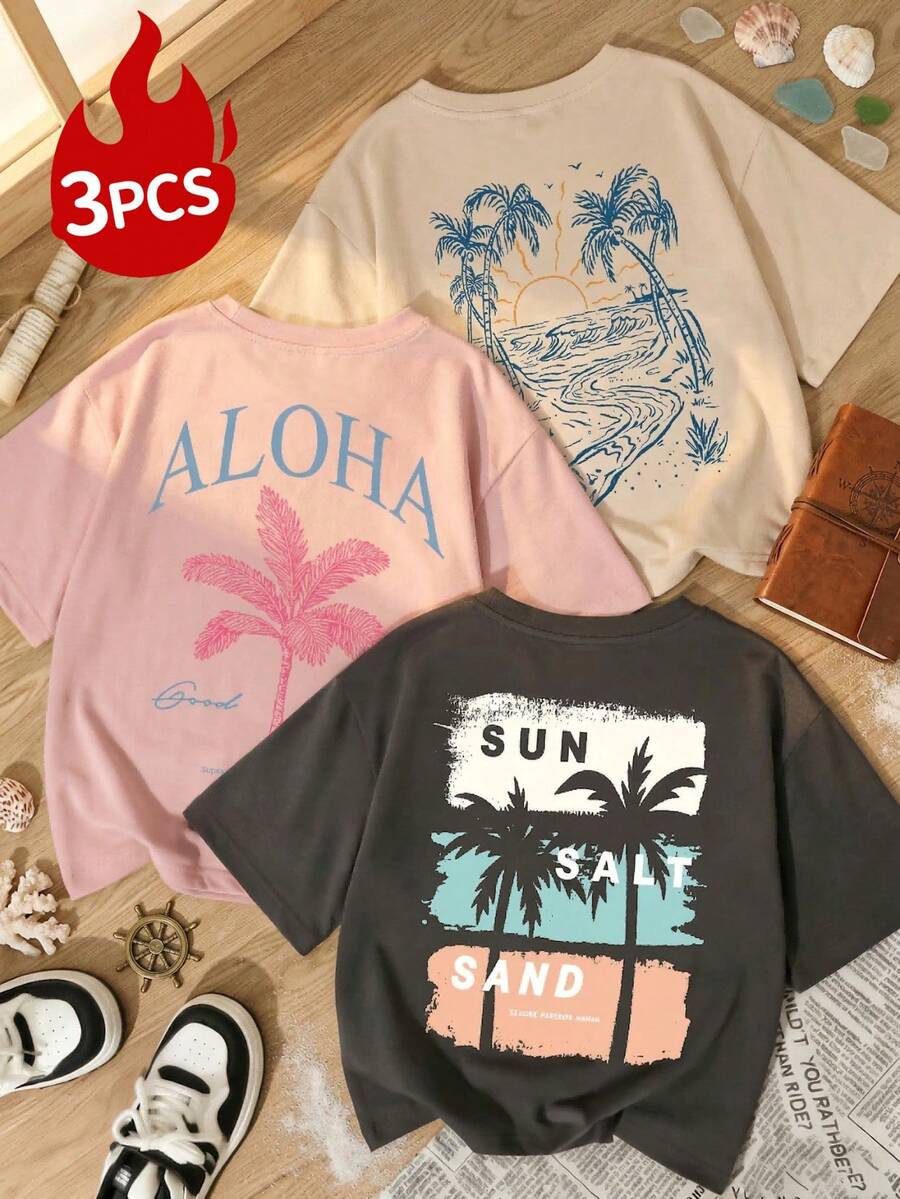 Bộ 3 áo thun nữ mùa hè mới, in chữ, kiểu dáng rộng rãi, thoải mái, đa năng, thích hợp mặc hàng ngày. - Màu hồng mơ xám - Xem 1