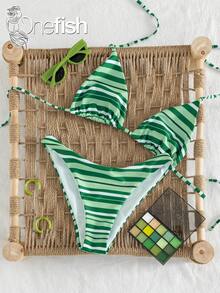 Onefish Bộ bikini tam giác kẻ sọc xanh lá cây, áo bikini tam giác dây mảnh buộc sau lưng có thể điều chỉnh, đệm mút có thể tháo rời, chất liệu vải mềm mại co giãn, họa tiết kẻ sọc nhiều màu, kiểu dáng phối màu tương phản tươi mới, thích hợp cho kỳ nghỉ hè trên bãi biển. - màu xanh lá - Xem 2