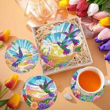 8件套小鸟钻石画杯垫套装，圆形亮面钻石，强力背胶，工具齐全，适合初学者，减压手工，新年、情人节、圣诞节、教师节礼物，家居装饰杯垫，送给家人、朋友、老师 - 彩色 - 查看 5