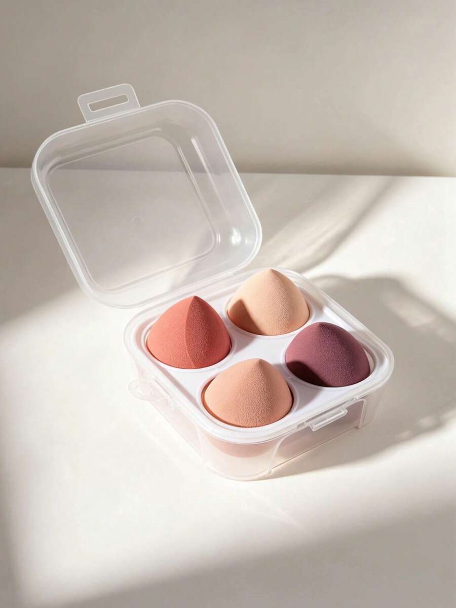 4pcs Makeup Sponges + 1pc Storage Box Set, Dry & Wet Use Non-Absorbing Makeup Blenders, Convenient For Travel - Multicolor - View 1