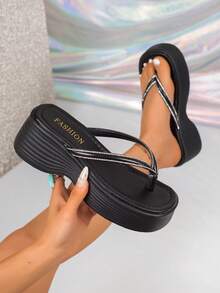 Sandalias de cuña con pedrería para mujer, pantuflas de playa negras con tira arrugada, sandalias de plataforma y cuña, adecuadas para el hogar y la playa - Negro - Ver 5