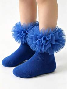1 双儿童/女婴大号荷叶边褶皱花卉装饰袜子 - 藍色 - 查看 6