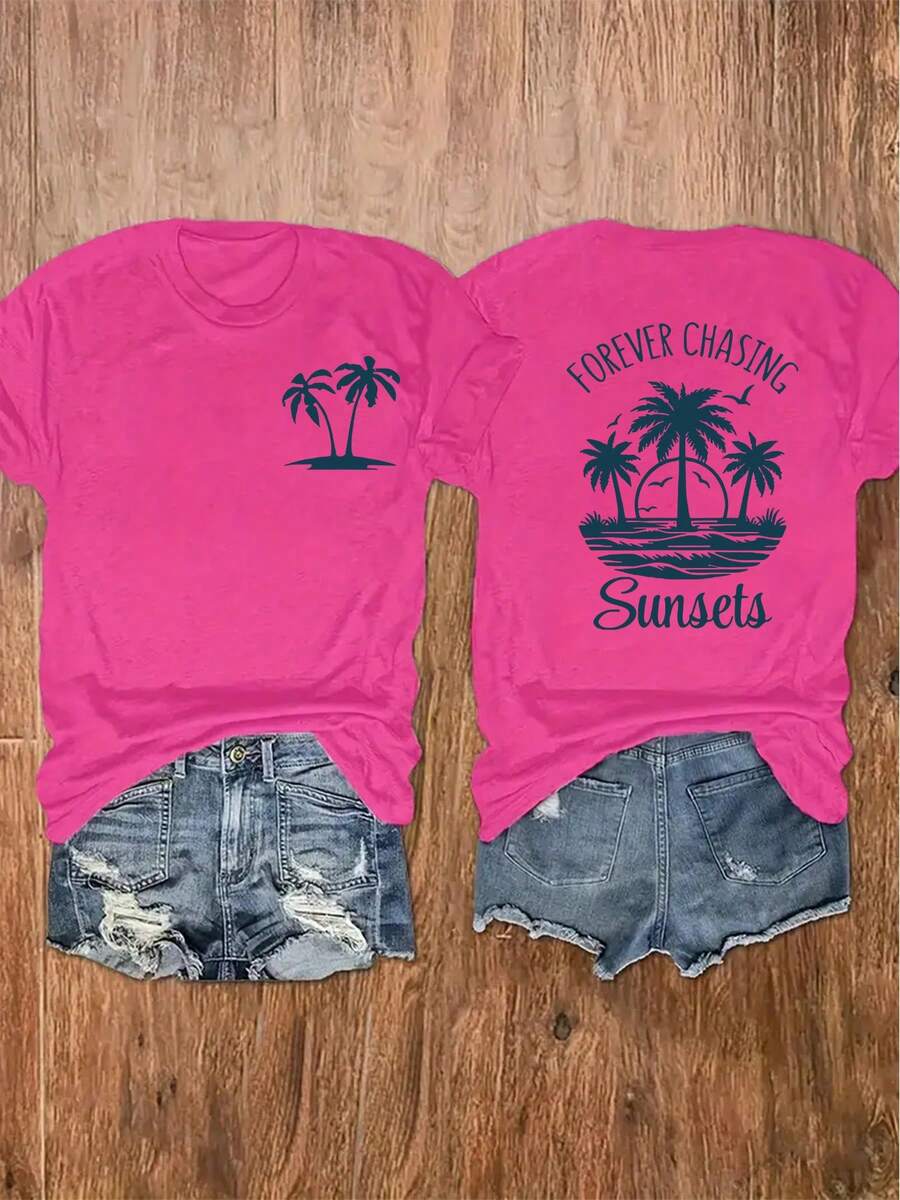 100% Cotton Unisex Round Neck Short-Sleeve T-Shirt With Palm Tree And Sunset Pattern, And The Words "FOREVER CHASING Sunsets" On The Back. Summer Wome - 玫紅色 - 查看 1