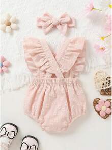 2pcs/Set Baju Bayi Perempuan Baru Lahir Lucu Motif Jacquard dengan Hiasan Pita + Bando Serasi, Baju Bayi Ringan dengan Tali Bahu Berkerut, Cocok untuk Pemakaian Sehari-hari, Pemotretan, Pesta, Musim Semi/Panas - Baby Pink - View 2