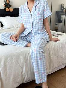 Dreamivo 2pcs Women Pajama Set, Plaid Bow Tie Short Sleeve Collared Top And Long Pants, Ladies Sleepwear Homewear For All Seasons - Baby Blue - View 3