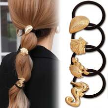 4 piezas de Scrunchies de metal con tema oceánico, no dañinos, adecuados para mujeres y niñas, diseño de aleación dorada con patrones de concha marina, cangrejo y caballito de mar, elegantes sujetadores de coleta, bandas elásticas para el cabello, cuerda para el cabello, festival, fiesta - Multicolor - Ver 10