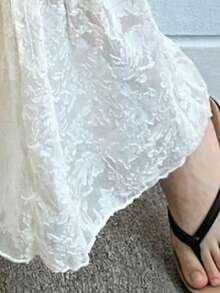 EARO 女士优雅多层长裙，无弹力面料，休闲高腰花卉蕾丝长裙 - 杏色 - 查看 5