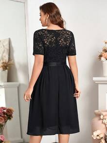 Đầm chữ A dáng xòe bằng chiffon in họa tiết ren, cổ chữ V, thích hợp cho sinh nhật, lễ tốt nghiệp, tựu trường và các dịp khác. Màu đen. - màu đen - Xem 2