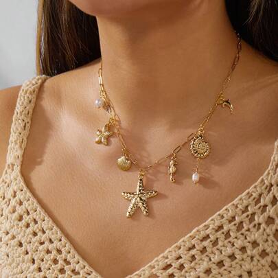 1 chiếc vòng cổ mặt dây chuyền hình sao biển, cá ngựa, vỏ sò và ngọc trai kiểu dáng nghỉ dưỡng, thích hợp cho bãi biển.