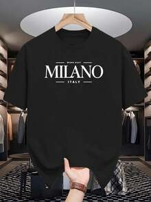 Camiseta de Algodón Grueso de 180g para Hombre con Estampado Gráfico de Milán, Italia - Blanca y Negra, Cuello Redondo Casual, Manga Corta, Transpirable, Cómoda para Todas las Temporadas, Estilo Casual Italiano, Lavable a Máquina - Negro - Ver 11