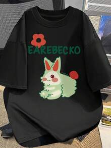 Camiseta con diseño de conejo, unisex, estilo lindo y casual - Negro - Ver 7